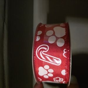 Red Ribbon with Candy Cane and Paw Print Design